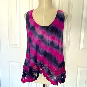 Tie Dye Design Flowy Tank W/Crochet/Lace Details